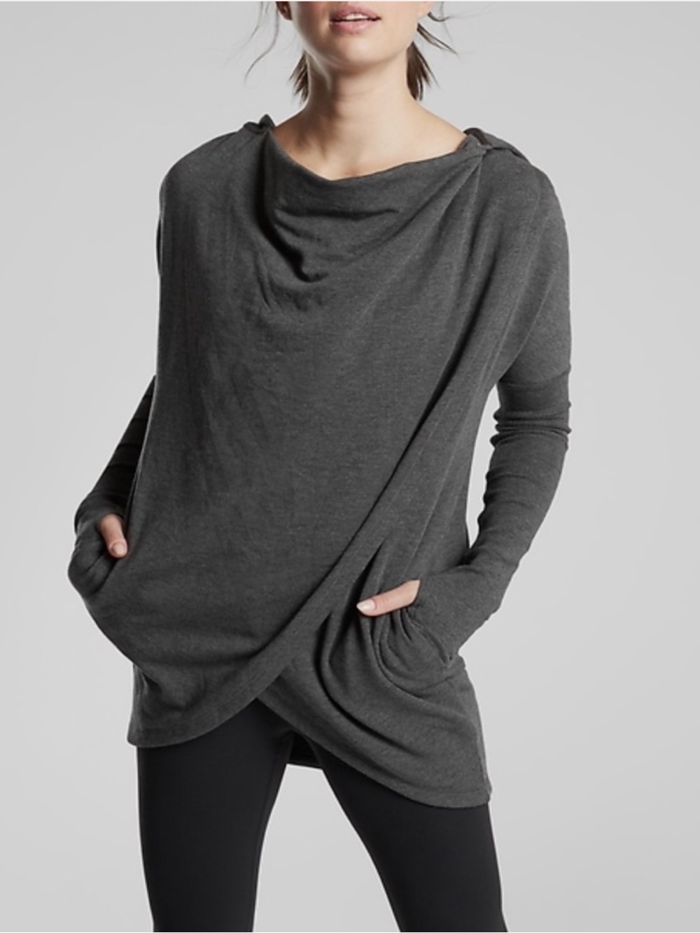 Athleta Purana Charcoal Gray Crossover Wrap Hooded Sweater